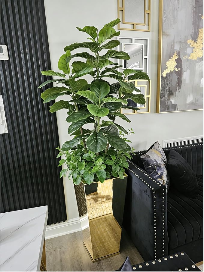 CYC Luxury Stainless Steel Golden Taper Tall Planter Box Set of 2 with Mirror Etching No Coating 24”H Top 11” Bottom 8”,Decrative Pot Indoor, Modern Décor for Home,Office,Tall Plants,Trees,Flowers