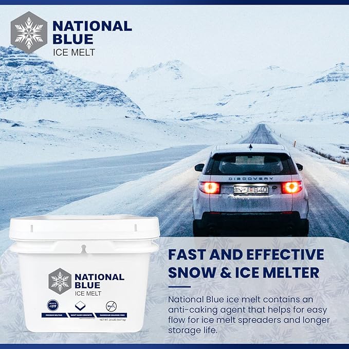 National Blue Ice Melt and Snow Salt 20lb Bucket - Fast Acting Ice Melter - Pet, Plant and Concrete Friendly, Environmentally Safe - Free of Magnesium Chloride - Melts to -15°F