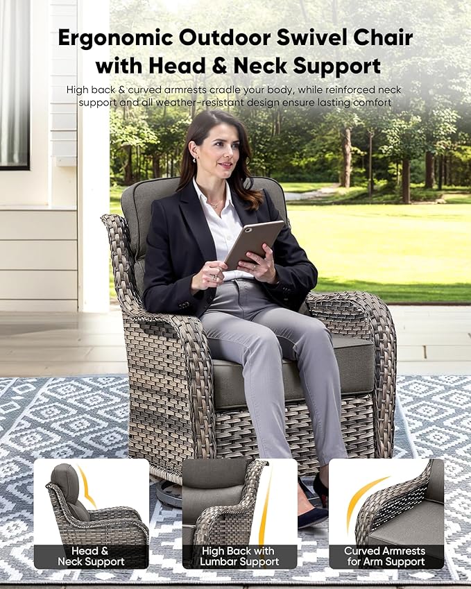 HUMMUH 7 Pieces Wicker Patio Furniture Set with Patio Swivel Chairs Set of 4,High Back Outdoor Sofa Ottomans,6 Inch Thick Cushions Outdoor Conversation Set for Porch, Balcony, Deck