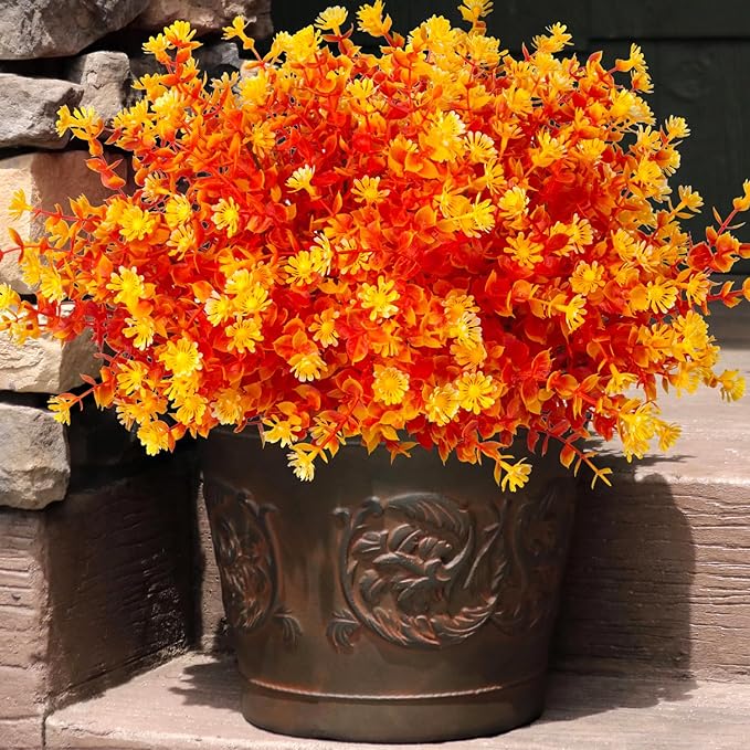 Grunyia 12 Bundles Artificial Fall Flowers No Fade Faux Autumn Plants, Fake Indoor Outdoor Greenery Decorations for Thanksgiving Christmas Wedding Party Home Garden Fireplace Décor (Fall Orange)