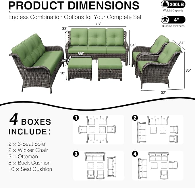 Joyside 6 Piece Wicker Patio Furniture Set, Rattan Patio Chairs with High Back, Deep Seating, Wide Armrest, Thickened Cushions, Outdoor Furniture for Deck, Porch Use