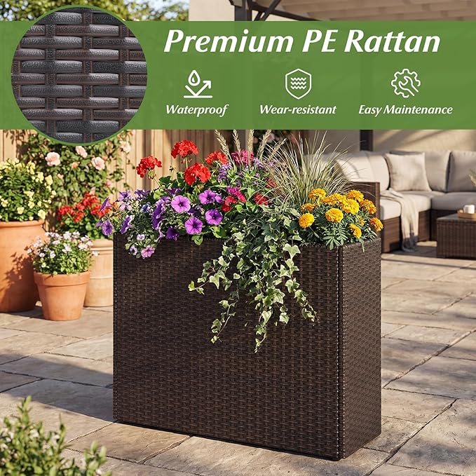 Giantex Wicker Raised Garden Bed, 32”x11”x24”, Rectangular Garden Planter Box w/PE Rattan, Liner Fabric, Wicker Patio Elevated Raised Bed for Vegetable Flower Herb Porch Balcony