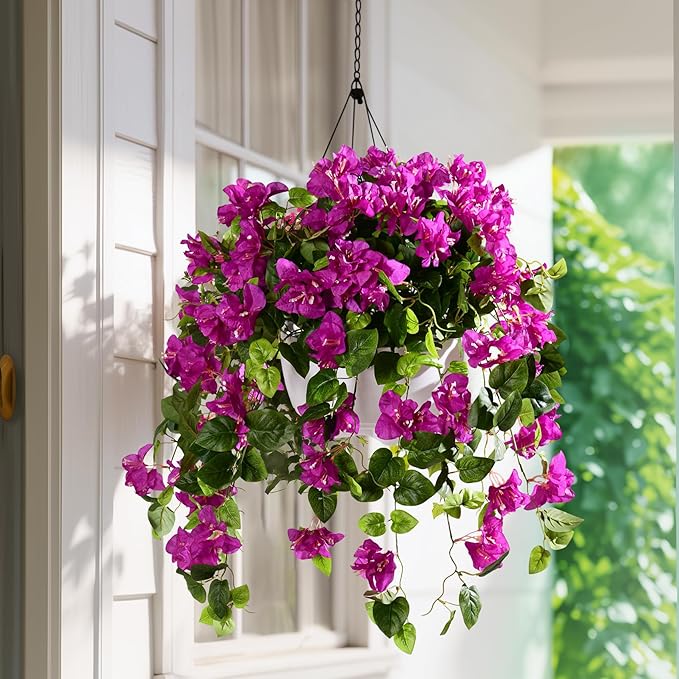 Bougainvillea Artificial Hanging Flowers for Outdoor 3 Pcs Faux Bougainvillea Flowers Fake Hanging Plants Silk Flowers Long Trailing Vines for Front Door Porch Planter Patio Balcony (Dark Purple)