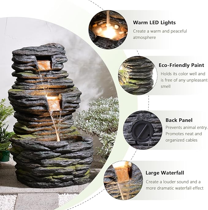 28.8” Tall Rock Water Fountain Outdoor Garden, 3-Tiers Cascading Rock Natural Waterfall Fountains with LED Lights, Indoor Resin Water Feature Fountain for Patio, Backyard, Deck, Porch