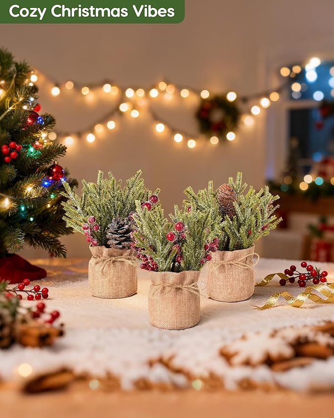 Velener Artificial Christmas Flowers for Outdoor-3 Pcs Faux Pine Branches with Red Berries & Pinecones, Fake Christmas Greenery Stems with Burlap Bag Vase, Winter Norfolk Pine Branches for Indoor