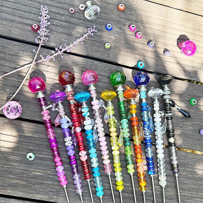 Exway 150 PCS DIY Fairy Wand Beaded Garden Stake Kits with Assortment Large Hole Beads 6 Crystal Stopper Top Threaded Rods and Sparkling Crystal Pendants for Outdoor Indoor Decor