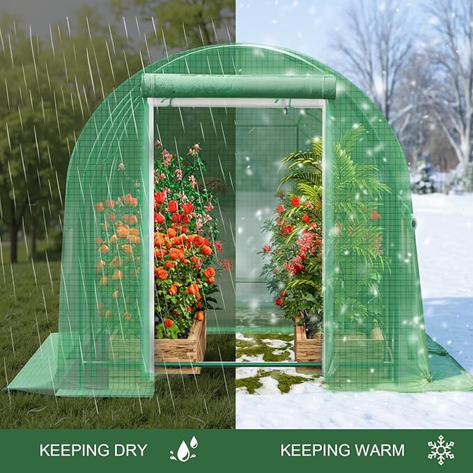 Greenhouse with Watering System, Portable Green House for Outside, Greenhouses Kit for Outdoor with Metal Frame, Thicken PE Cover (Green Cover, 9.8x9.8x6.5 FT w/ Irrigation System)