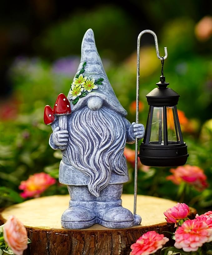 Garden Gnome Statue with Solar Lights Lantern,Outdoor Sculpture Home Decor for Yard Lawn Balcony Patio Porch,Gardening Gifts for Mom Women Grandma