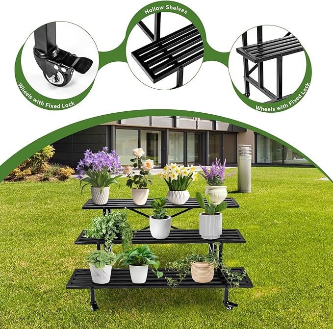 3-Tier Metal Plant Stand, 45.56”L x 26”W x 23.6”H - Heavy-Duty Rolling Tiered Plant Display Rack for Indoor, Outdoor & Patio Use