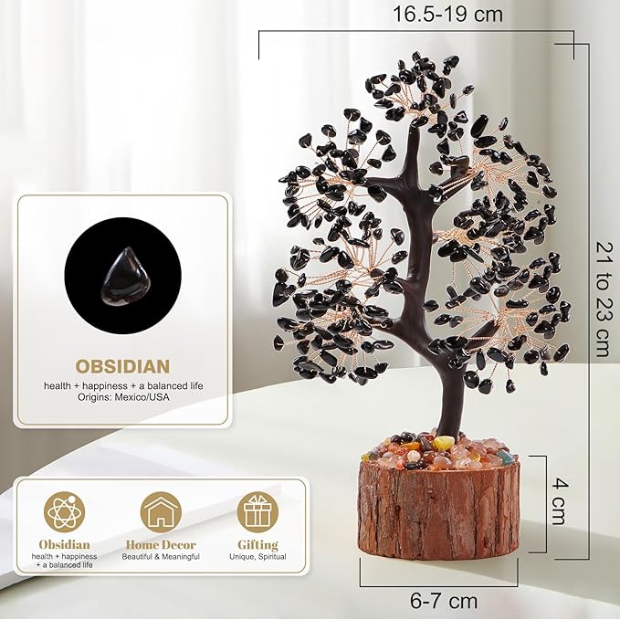 Black Obsidian Crystal Tree of Life Chakra Stone, Birthday Gifts for Women, Mon, Gifts for Sister,Feng Shui Office Decor Tree for Postive Energy, Money, Good Luck, Christmas Decor, Spiritual Gifts