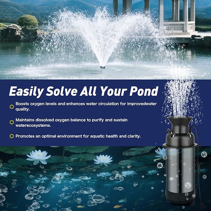 Premium LED Pond Fountain with RGB Lighting System, Stainless Steel Rotor, All-Copper Motor, Remote Control, Dynamic Color Changing, for Garden Ponds (without light)