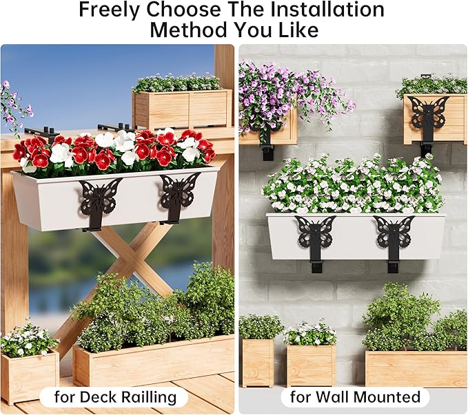 6 Pack Window Box Brackets, Adjustable Planter Box Brackets, Universal Flower Box Bracket for Deck Railing, Heavy Duty Railing Planter Bracket for Balcony, Fence and Garden - Black