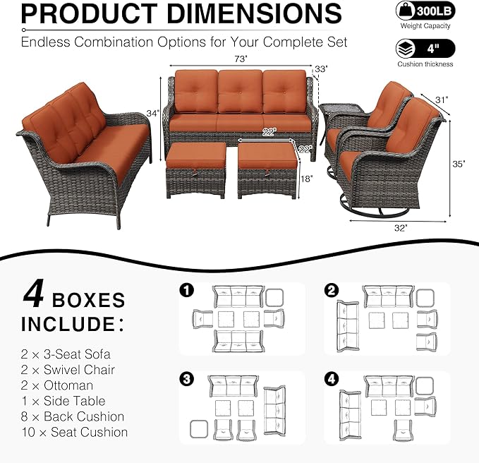 Joyside 7 Piece Wicker Patio Furniture Set, Outdoor Swivel Rocker Patio Chairs with High Back, Deep Seating, Wide Armrest, Thickened Cushions, Outdoor Furniture for Deck, Porch Use