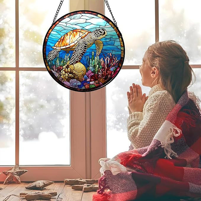 Stained Glass Window Hanging Blue Sea Ocean Coral Turtle Large 15" - Suncatcher Door Garden Sunroom Sun Catcher Home Decor Birthday Christmas for Mom Men Woman Nana