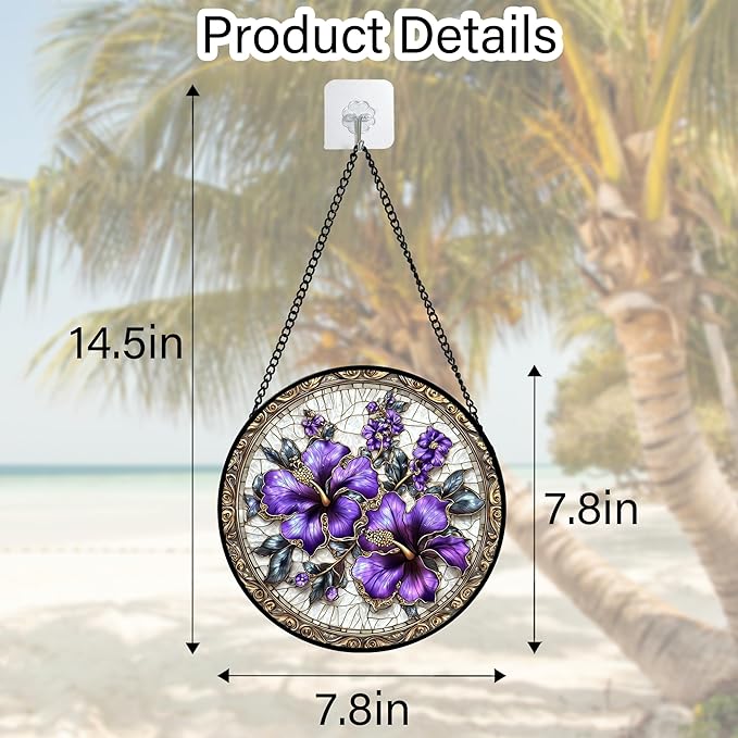 Stained Glass Window Hanging, Purple Flowers Romantic Suncatcher for Doors Home Sun Catchers Decoration and Christmas, Mother's Day Birthday Gifts for Women, Men, and Mom 7.8 in