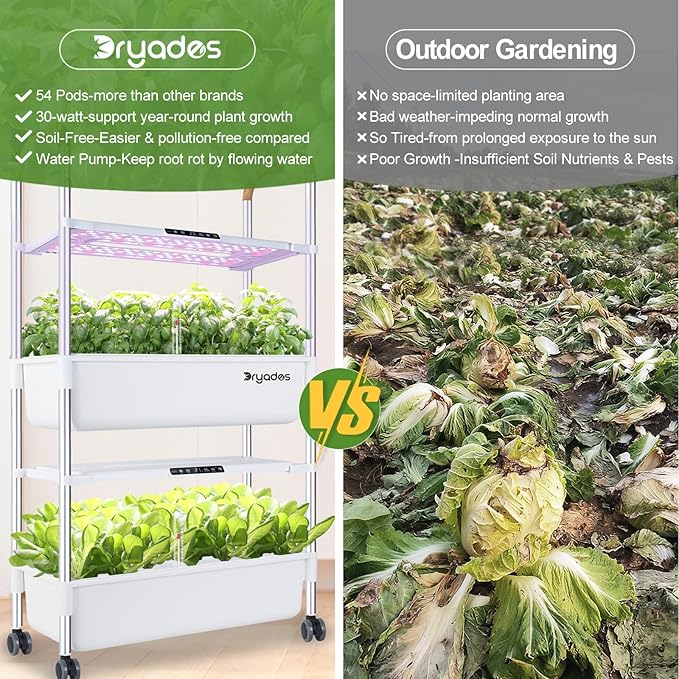 Indoor Garden Hydroponic Growing System with 54 Pods Herbs Garden Kit with 30W Led Grow Light Large Movable 2-Layer Floor-Standing Hydroponic Gardening System Planter Grower for Vegetable Fruit