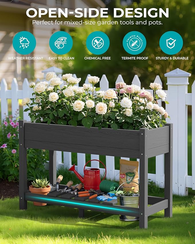SERWALL Raised Garden Bed with Legs Set of 2, 43"×17"×30" Large HDPE Elevated Planter Box for Vegetables Flower Herb Patio, All Weather Use- Gray