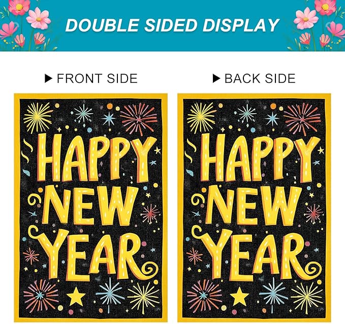 Happy New Year House Flag 28x40 Inch Double Sided Garden Flag Colorful Fireworks Gold Letter Design Winter Holiday Yard Banner Large Outdoor Polyester Flag for Porch Lawn Home Decoration