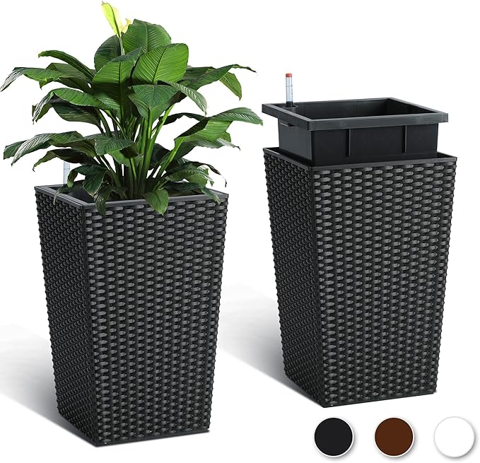 16" Tall Rattan Planter Set of 2, Self Watering Pots with Built-in Drainage and Water Level Gauge, Large Plant Pots for Garden, Patio, Balcony, Lounge, Black