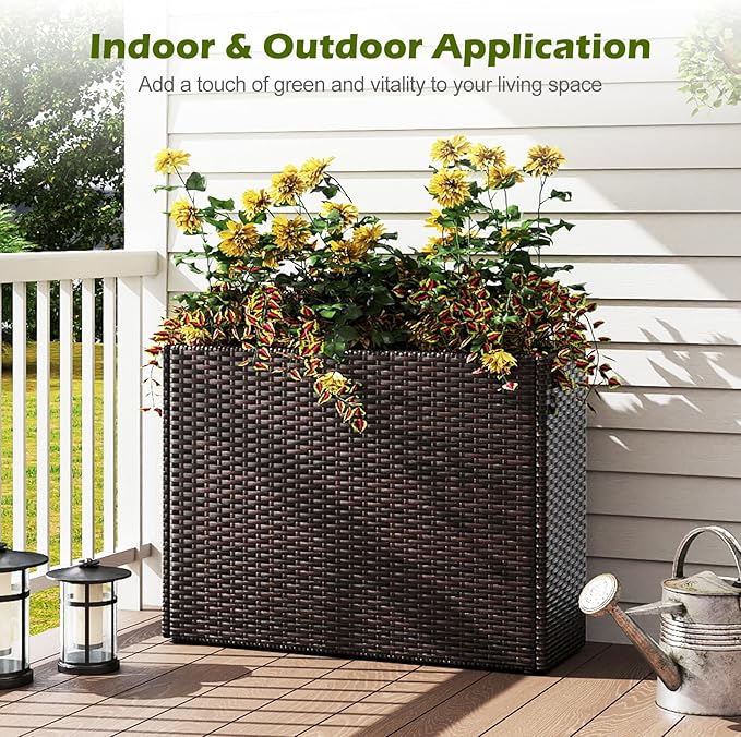 24" Tall Raised Garden Beds, 2 Pieces All-Weather PE Wicker Rattan Flowerpot with Removable Liner, Indoor Outdoor Modern Planter Rectangular Elevated Planter Box for Front Porch & Deck