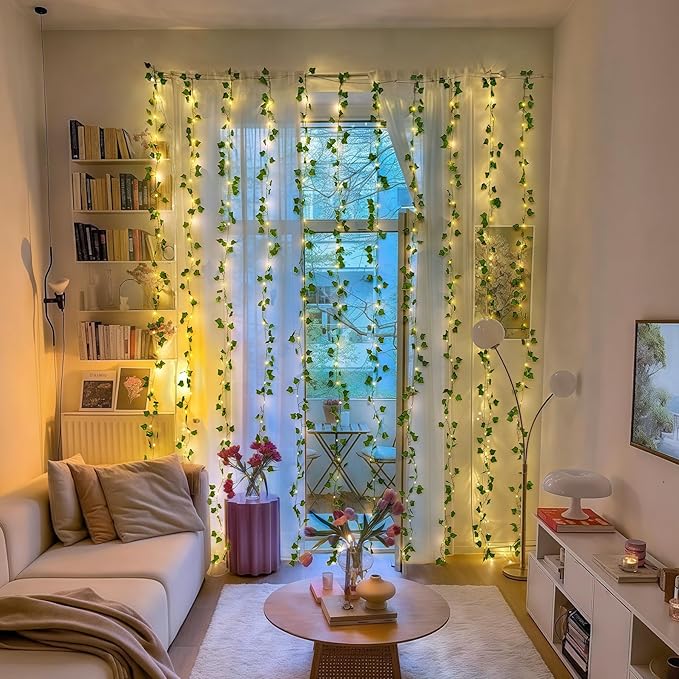 JMEXSUSS Vines Lights for Bedroom, 200 LED Vines Fairy Lights, Artificial Ivy Leaf Light for Wall Curtain Wedding Party Christmas Indoor Decor, 6.5ft x 6.5ft with Remote (Pack of 2)