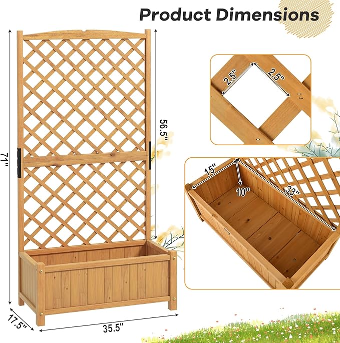 S AFSTAR Raised Garden Bed with Trellis, Indoor & Outdoor Wood Elevated Plant Container with Diamond Shaped Trellis & Drain Hole, Above Ground Garden Bed for Vine Climbing Plants