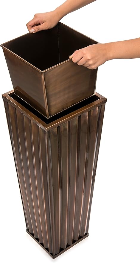 H Potter Copper Planter Tall Ribbed Outdoor Indoor Metal Planters for Patio Deck Garden 29 Inch Small Entrance Planter with Drainage Drip Tray