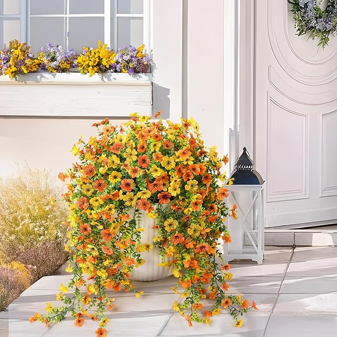 Artificial Hanging Flowers Plants for Outdoor Spring Summer Decoration,2PCS Faux Silk Daisy UV Resistant Look Real for Outside Home Indoor Planter Porch Garden Yard Decor(Yellow Orange)