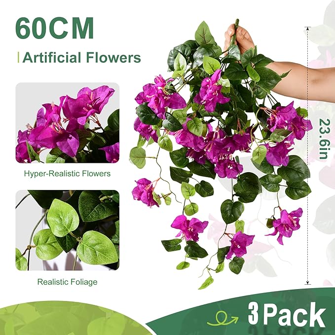 Bougainvillea Artificial Hanging Flowers for Outdoor 3 Pcs Faux Bougainvillea Flowers Fake Hanging Plants Silk Flowers Long Trailing Vines for Front Door Porch Planter Patio Balcony (Dark Purple)