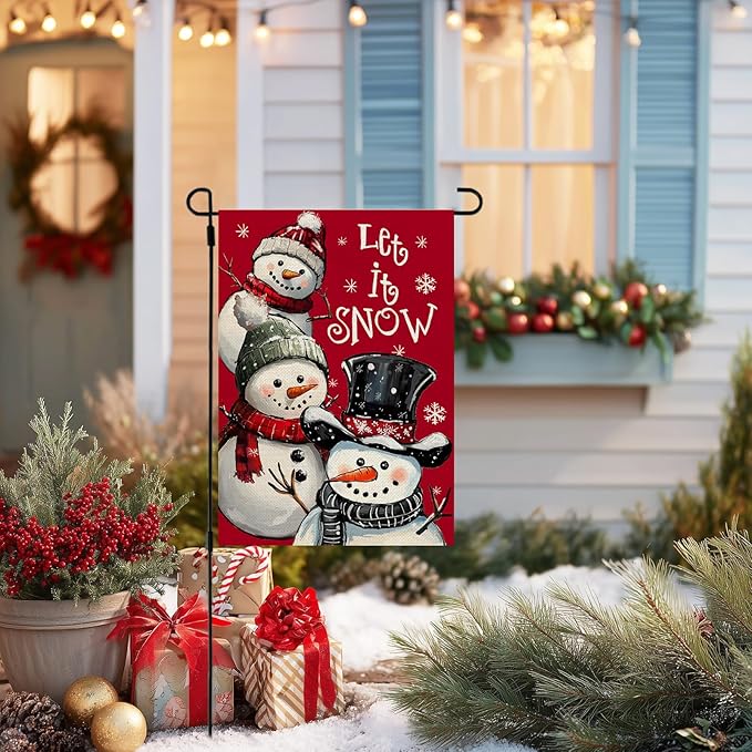 CROWNED BEAUTY Christmas Snowman Garden Flag 12x18 Inch Double Sided Red Xmas Let It Snow Decoration for Outside Yard CF1898-12