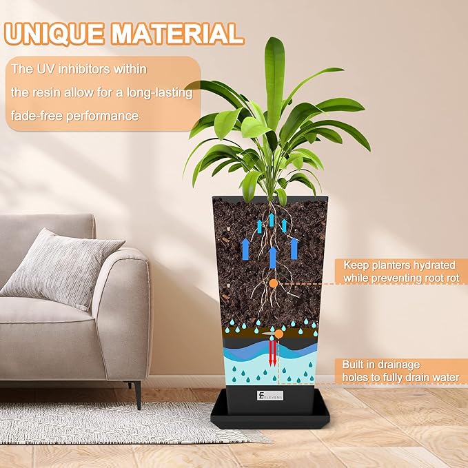 Elevens Outdoor Planter Larger Flower Pots Indoor Taper Garden V-Shape Tall Planters 24 inches Garden Pots Planter - Black（2 Packs）