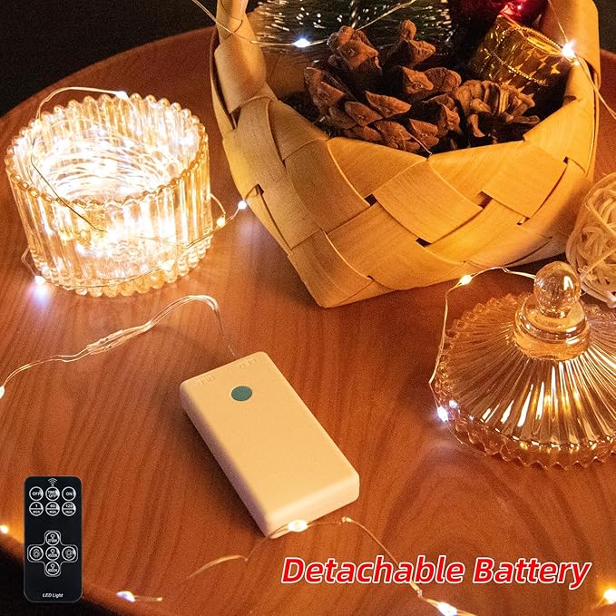 2Packs 16FT 100LEDs Rechargeable Fairy Lights,Remote Control,3 Off Timers,Detachable Battery Operated,Tangle-Free Camping String Light,Twinkle for Christmas,Party,Wedding(Cool+Warm White)