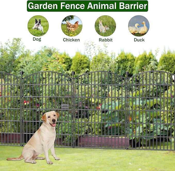 10 Panels No Dig Decorative Garden Fence with Gate - 40 in (H) x 23.6 ft (L), Dog Fence Outdoor for Yard, Rustproof Metal Animal Barrier Ground Stakes Fencing for Garden, Patio, Flower Bed