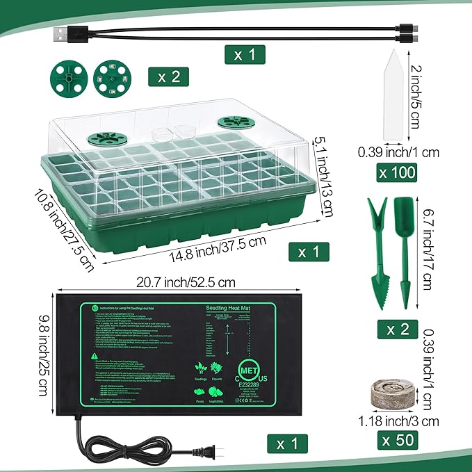 Seed Starter Kit with Grow Light Seedling Heat Mat 48 Cells Seed Starter Tray with Humidity Dome and Base Germination Trays Plastic Growing Trays Plant Propagation Kit for Seed Starting, Green