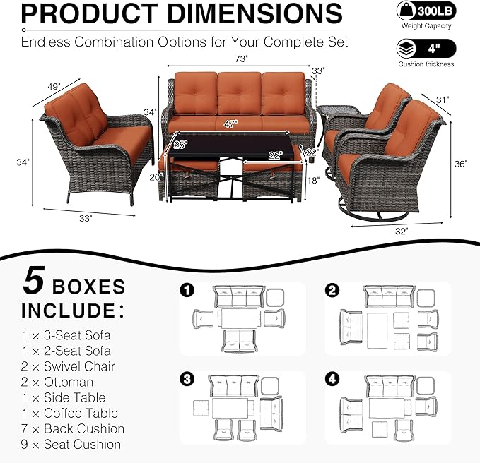 Joyside 8 Piece Wicker Patio Furniture Set, Outdoor Swivel Rocker Patio Chairs with High Back, Deep Seating, Wide Armrest, Thickened Cushions, Outdoor Furniture for Deck, Porch Use