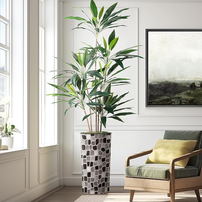 SIGNWIN Artificial Tree in Modern Geometric Pattern Planter, Fake Dracaena Tree Silk Trees for Indoor and Outdoor Home Decoration - 66" Overall Tall (Plant Pot Plus Tree)