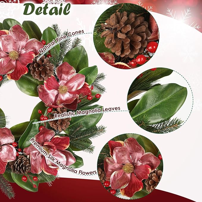 Briful 24in Christmas Magnolia Flower Wreath for Front Door Artificial Red Magnolia Floral Wreath with Pine Cones Berries Outdoor Christmas Wreath for Xmas Home Room Wall Window Mantle Decor