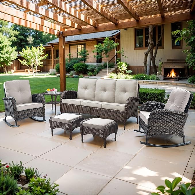 Belord Patio Rocking Chairs Furniture Set of 6, Outdoor Wicker Furniture Sets with Wicker Rocker, Small Patio Conversation Sets with Outdoor Couch Ottomans Brown/Beige