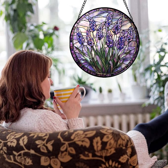 JOSUMALY Stained Glass Window Hanging - Purple Flowers Suncatcher for Door Terrace Garden Home Decor Lavender Plant Floral Sun Catcher Birthday Gifts for Lovers Women Men Dad Mom Nana 6.3 in