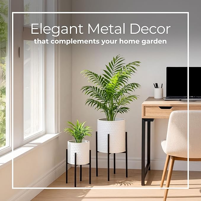 Decorative Flower Pots with Metal Stand for Home Decor - Modern Planters for Hallway, Entryway, and Living Room Decor - Indoor and Outdoor Pots for Plants - Set of 2, 23", 19", White & Black