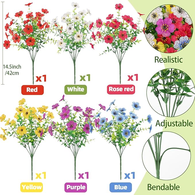 Artificial Flowers Outdoors Faux Plants UV Resistant 6 Bundles Plastic Flowers Outdoors Fake Greenery Outside Silk Flowers Home Decorations for Garden Yard Porch Planters, 6 Bundles (Multicolor)