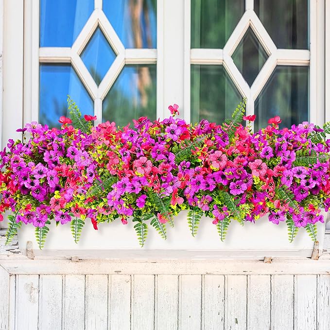 Pinenoya Artificial Faux Plants Flowers Outdoor Decoration,16 Bundles Fake Silk Colorful Daisy Eucalyptus Realistic UV Resistant for Outside Home Planter Porch Patio Yard Decor (Purple Red)