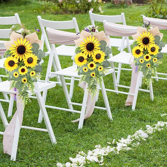 24in Artificial Sunflowers Teardrop Swag Spring Summer Sunflowers Floral Swag Wreath with Burlap Bow Fake Yellow Sunflower Garland for Front Door Indoor Outdoor Window Home Decor