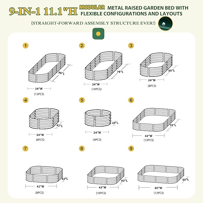 BlueWish Garden Boxes Outdoor Raised, 11.1" Metal Raised Garden Bed with Rubber Strip, 9-in-1 Modular, Bottomless, Raised Garden Beds for Gardening, Vegetable
