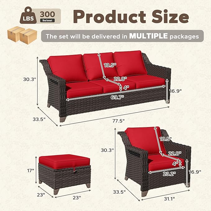 5 Pieces Patio Conversation Furniture Set - 1 Sofa, 2 Armchairs, 2 Ottomans, Outdoor Wicker Furniture with Removable Cushions for Porch, Balcony, Sunroom (Red)