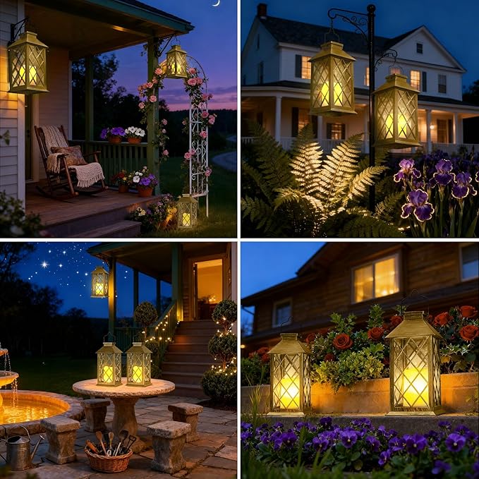 Otdair Solar Lanterns Outdoor Waterproof, 2 Pack 14" Solar Lantern with Glass Retro LED Flickering Flameless Candle,Lanterns Decorative Outdoor for Gift, Yard, Garden, Patio, Balcony, Brazen
