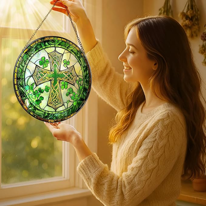 8'' St. Patrick's Day Cross Stained Glass Suncatcher Ornament, Stained Glass Window Hanging, Irish Decor, Patrick Day Decor, Irish Shamrock Gift, Cross Gifts, Religious Gifts, Christian Gift