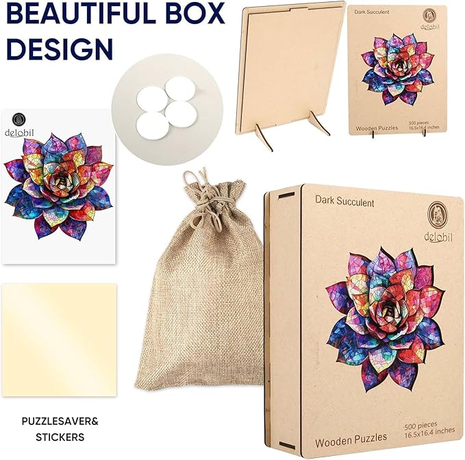 Delobil Wooden Puzzles for Adults 500 Pieces, Stained Glass Succulent Jigsaw Puzzles, Unique Shaped Plant Puzzle Gift for Kids, Family Puzzle Game, 16.5 x 16.3 Inches