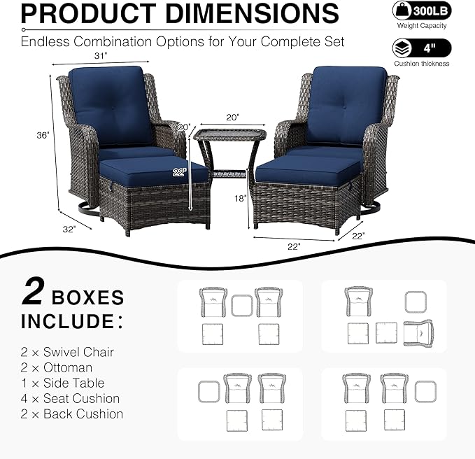 Joyside 5 Piece Wicker Patio Furniture Set, Outdoor Swivel Rocker Patio Chairs with High Back, Deep Seating, Wide Armrest, Thickened Cushions, Outdoor Furniture for Deck, Porch Use