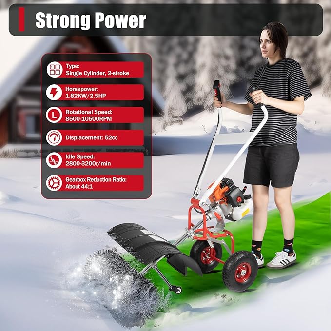 52CC Gas Powered Hand Snow Sweeper Power Brush - 20.5" Width Nylon Brush, 10500 RPM, 2.5HP 2-Stroke Walk Behind Snow Sweeper Machine for Driveway, Walkway, Lawn & Artificial Turf Cleaning, Foldable